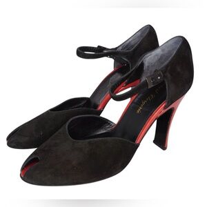 Robert Clergerie Vintage Black and Red Suede Ankle Strap Pumps, Size 8